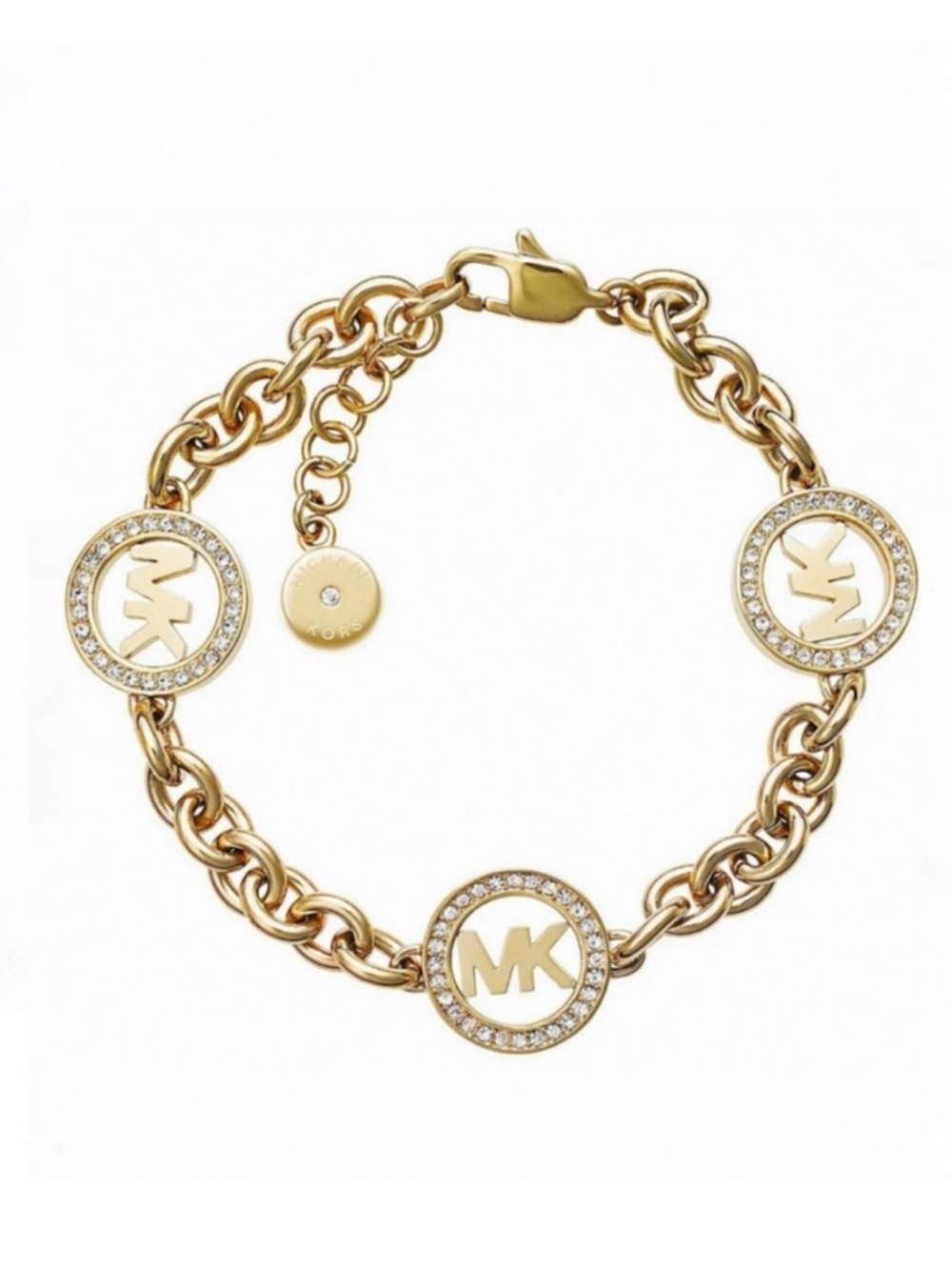 Michael Kors Gold-Tone MK Medallion Crystal Chain Bracelet